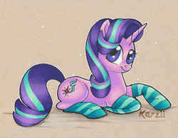 Size: 800x622 | Tagged: safe, artist:karzii, starlight glimmer, pony, unicorn, g4, clothes, female, looking at you, mare, simple background, socks, solo, striped socks, stupid sexy starlight glimmer