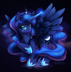 Size: 1184x1200 | Tagged: safe, artist:memokkeen, artist:sofiewikstromart, princess luna, alicorn, pony, g4, black background, detailed, female, glowing horn, horn, mare, simple background, solo
