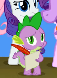 Size: 292x400 | Tagged: safe, screencap, rarity, spike, dragon, pony, unicorn, g4, horse play, claws, cropped, female, horn, male