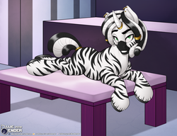 Size: 2600x2000 | Tagged: safe, artist:bluebender, oc, oc only, oc:black magic, zebra, commission, dread locks, high res, horn, horn ring, jewelry, looking at you, lying down, male, massage table, piercing, presenting, showing off, smug, stripes, unshorn fetlocks, zebra oc