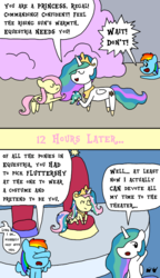 Size: 750x1300 | Tagged: safe, artist:bjdazzle, fluttershy, princess celestia, rainbow dash, fake it 'til you make it, g4, horse play, 2 panel comic, alternate ending, chibi, clothes, cloud, comic, cosplay, costume, fake horn, implied princess luna, jewelry, missing accessory, offscreen character, panic, regalia, season 8 homework assignment, shylestia, throne, throne room, uselesstia, well that escalated quickly, wig