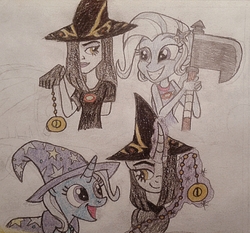 Size: 1247x1164 | Tagged: safe, artist:jebens1, trixie, human, pony, unicorn, equestria girls, g4, agnieszka fajlhauer, axe, camp everfree outfits, cape, clothes, crossover, cute, diatrixes, fangirl, fangirling, hat, polish, ponified, shinigami, shinigami (tmnt 2012), teenage mutant ninja turtles, tmnt 2012, traditional art, trixie's cape, trixie's hat, voice actor joke, weapon, witch hat