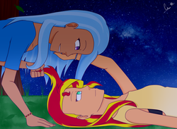 Size: 2600x1900 | Tagged: safe, artist:moondragon1204, sunset shimmer, trixie, human, g4, alternate hairstyle, bracelet, cute, dark skin, diatrixes, female, grass, humanized, jewelry, lesbian, looking at each other, love, lying down, night, romantic, shimmerbetes, ship:suntrix, shipping, stars, tree