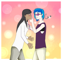 Size: 1850x1800 | Tagged: safe, artist:moondragon1204, dj pon-3, octavia melody, vinyl scratch, human, g4, bedroom eyes, blushing, bowtie, clothes, dark skin, ear piercing, earring, female, holding chin, humanized, jeans, jewelry, lesbian, pants, piercing, ship:scratchtavia, shipping, tank top