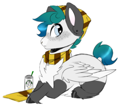 Size: 1024x898 | Tagged: safe, artist:kiara-kitten, oc, oc only, oc:ash, pegasus, pony, clothes, female, mare, prone, scarf, simple background, solo, starbucks, transparent background