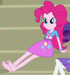 Size: 800x862 | Tagged: safe, edit, edited screencap, editor:grapefruitface, screencap, pinkie pie, rarity, equestria girls, g4, my little pony equestria girls, barefoot, barefooting, bracelet, clothes, cropped, cute, diapinkes, feet, fetish, jewelry, shirt, skirt, smiling, solo focus, teenager, the microphone girl, vest