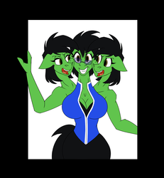 Size: 1757x1900 | Tagged: safe, artist:vladiverse, oc, oc only, oc:prickly pears, anthro, angry, argument, big breasts, breasts, cleavage, curvy, geryon, glasses, hourglass figure, looking at you, multiple heads, smiling, three heads, wide hips