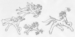 Size: 3934x1944 | Tagged: safe, artist:siegfriednox, oc, oc:blackjack, oc:boo, oc:morning glory (project horizons), oc:rampage, fallout equestria, fallout equestria: project horizons, alcohol, brush, chase, comb, electric razor, fluffy, flying, group, running, scissors, traditional art, whiskey