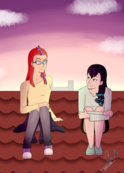 Size: 1800x2500 | Tagged: dead source, safe, artist:moondragon1204, coloratura, moondancer, human, g4, alternate hairstyle, clothes, converse, duo, ear piercing, earring, fanfic, fanfic art, female, glasses, humanized, jeans, jewelry, mary janes, pants, piercing, rara, roof, rooftop, shoes, shorts, sweater