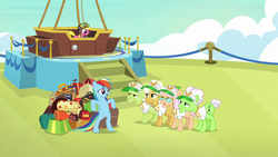 Size: 1280x720 | Tagged: safe, screencap, apple rose, auntie applesauce, cherry berry, goldie delicious, granny smith, rainbow dash, earth pony, pegasus, pony, g4, grannies gone wild, aviator goggles, aviator hat, bipedal, clothes, elderly, female, goggles, gold horseshoe gals, hat, hot air balloon, luggage, mare, preflight check, shirt, stairs, t-shirt, visor