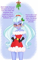 Size: 2597x4000 | Tagged: artist needed, safe, sugarcoat, human, equestria girls, g4, christmas, clothes, costume, dialogue, dress, female, gloves, hand on hip, holiday, imminent kissing, looking at you, mistletoe, open mouth, raised eyebrow, santa costume, solo, tsundere, tsunderecoat