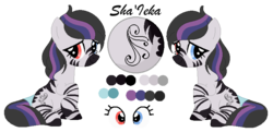 Size: 768x372 | Tagged: safe, artist:mlpcrystalharmony, artist:selenaede, oc, oc only, oc:sha'leka, pony, zebra, base used, female, heterochromia, mare, reference sheet, simple background, solo, tail wrap, transparent background, zebra oc