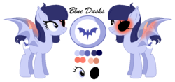 Size: 883x414 | Tagged: safe, artist:mlpcrystalharmony, artist:selenaede, oc, oc only, oc:blue dusk, bat pony, pony, base used, bat pony oc, burn, burned, eyepatch, female, mare, reference sheet, simple background, solo, transparent background