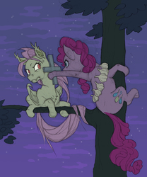 Size: 733x882 | Tagged: safe, artist:gor1ck, fluttershy, pinkie pie, bat pony, earth pony, pony, vampire, g4, climbing, cross, duo, female, flutterbat, folded wings, garlic, hanging, leaning back, looking at each other, mare, night, race swap, tree, tree branch