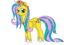 Size: 3477x2463 | Tagged: safe, artist:killerteddybear94, fluttershy, pegasus, pony, g4, clothes, cosplay, costume, crown, cutie mark, fake horn, high res, jewelry, looking at you, multicolored hair, multicolored tail, regalia, shylestia, smiling, solo, traditional art