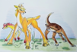 Size: 4032x2725 | Tagged: safe, artist:smirk, apple bloom, applejack, deer, fawn, wolf, g4, cloven hooves, colored hooves, cowering, deerified, doe, growling, my little cervine, protecting, species swap, traditional art