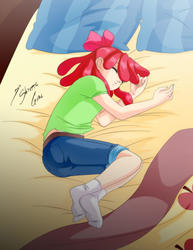 Size: 2152x2787 | Tagged: safe, artist:shinta-girl, apple bloom, equestria girls, g4, ass, bed, blanket, bow, butt, clothes, commission, cute, eyes closed, female, high res, human coloration, pillow, short pants, sleeping, socks, solo