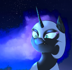Size: 1707x1662 | Tagged: safe, artist:lightly-san, nightmare moon, pony, g4, bust, ethereal mane, fangs, female, mare, night, portrait, sketch, solo