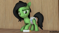 Size: 3840x2160 | Tagged: safe, artist:hoodieftad, oc, oc only, oc:filly anon, pony, 3d, baby bottle, diaper, diaper fetish, female, fetish, filly, frown, high res, looking down, non-baby in diaper, solo, source filmmaker