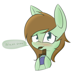 Size: 2089x2105 | Tagged: safe, artist:lofis, oc, oc only, oc:mint chocolate, pony, asking, blushing, chocolate, cute, dialogue, eating, female, food, high res, looking at you, mare, question, simple background, solo, text, transparent background