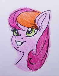 Size: 3024x3881 | Tagged: safe, artist:smirk, oc, oc only, oc:cherry stem, pony, bust, female, high res, mare, smiling, traditional art