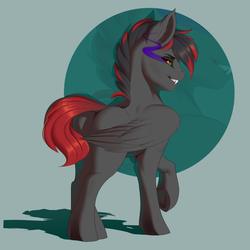 Size: 2000x2000 | Tagged: safe, artist:evehly, oc, oc only, oc:brimstone, pegasus, pony, fangs, high res, large wings, lifted leg, looking at you, looking back, looking back at you, male, raised hoof, solo, sombra eyes, stallion, underhoof, wings