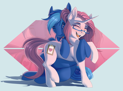 Size: 2700x2000 | Tagged: safe, artist:evehly, oc, oc only, oc:kendra heart, oc:soul flyer, pegasus, pony, unicorn, blushing, cutie mark, eyes closed, female, glasses, happy, high res, hug, male, mare, one eye closed, shipping, solo, soulheart, stallion, straight, tongue out, wink