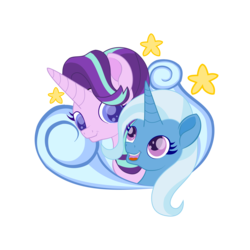 Size: 3543x3543 | Tagged: safe, artist:sparkleshadow, starlight glimmer, trixie, pony, unicorn, g4, bust, female, high res, lesbian, mare, open mouth, ship:startrix, shipping, simple background, transparent background