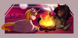 Size: 3000x1487 | Tagged: safe, artist:evehly, king sombra, oc, oc:light stream, alicorn, pony, unicorn, g4, alicorn oc, duo, duo male, fangs, fire, folded wings, glowing eyes, high res, hoof ring, looking at each other, lying down, male, prone, smiling, stallion