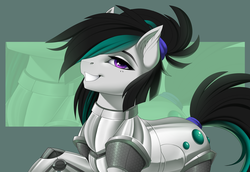 Size: 3000x2061 | Tagged: safe, artist:evehly, oc, oc only, oc:nighttide star, earth pony, pony, armor, female, hair over one eye, high res, looking at you, mare, smiling, solo, tail wrap