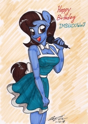 Size: 1245x1754 | Tagged: safe, artist:newyorkx3, oc, oc only, oc:bella voce, earth pony, anthro, anthro oc, birthday, birthday gift, bowtie, breasts, cleavage, clothes, dress, female, headband, mare, microphone, open mouth, ribbon, signature, simple background, smiling, solo, text, traditional art