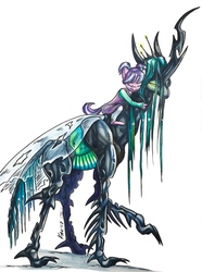 Size: 743x1000 | Tagged: safe, artist:chasingthesilverstag, artist:php133, queen chrysalis, starlight glimmer, changeling, changeling queen, unicorn, anthro, unguligrade anthro, g4, adopted offspring, alternate universe, clothes, collaboration, duo, eyes closed, female, filly, hug, mommy chrissy, signature, simple background, smiling, traditional art, white background