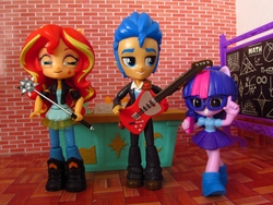 Size: 1400x1050 | Tagged: safe, flash sentry, sci-twi, sunset shimmer, twilight sparkle, equestria girls, equestria girls series, g4, book, boots, chalkboard, classroom, clothes, desk, doll, equestria girls minis, glasses, guitar, jacket, maze, shoes, skirt, toy, tuxedo, ultra minis