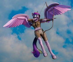 Size: 2560x2160 | Tagged: safe, artist:stellarator, princess cadance, alicorn, anthro, unguligrade anthro, g4, 3d, archery, armor, armpits, arrow, belly button, blender, blender cycles, bow (weapon), bow and arrow, female, flying, high res, hoof sandals, hooves, horn, leather, leather armor, mare, midriff, not sfm, sandals, smiling, smirk, solo, weapon, wings