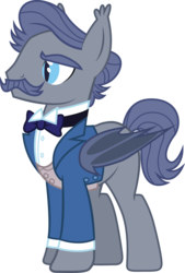 Size: 2111x3117 | Tagged: safe, artist:duskthebatpack, oc, oc only, oc:midnight hour, bat pony, pony, bowtie, clothes, facial hair, fancy, high res, male, moustache, simple background, solo, stallion, suit, transparent background