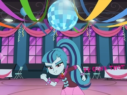 Size: 928x694 | Tagged: safe, sonata dusk, equestria girls, g4, balloon, begone thot, chair, clenched fist, clothes, disco ball, female, gem, light, meme, ponytail, siren gem, skirt, smiling, solo, spiked wristband, streamers, table, thot, window, wristband