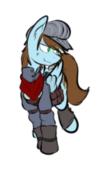 Size: 332x549 | Tagged: safe, artist:cantershirecommons, oc, oc only, oc:sorren, pegasus, pony, bandana, clothes, cutie mark, dirty, goggles, hat, scuff mark, smiling, smirk, solo, standing