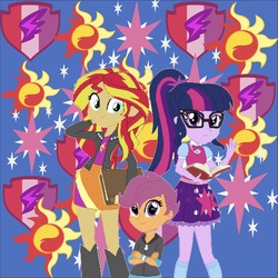Size: 1535x1536 | Tagged: safe, artist:selenaede, editor:php77, sci-twi, scootaloo, sunset shimmer, twilight sparkle, equestria girls, g4