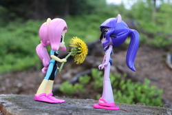 Size: 6000x4000 | Tagged: safe, artist:artofmagicpoland, fluttershy, sci-twi, twilight sparkle, equestria girls, g4, my little pony equestria girls: better together, clothes, dandelion, doll, equestria girls minis, female, flippers (gear), flower, holding, lesbian, sandals, ship:sci-twishy, ship:twishy, shipping, swimsuit, toy