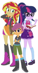 Size: 762x1441 | Tagged: safe, artist:selenaede, editor:php77, sci-twi, scootaloo, sunset shimmer, twilight sparkle, equestria girls, g4, book, simple background, transparent background