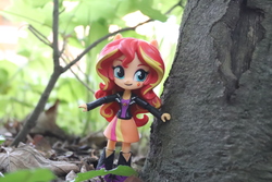 Size: 6000x4000 | Tagged: safe, artist:artofmagicpoland, sunset shimmer, equestria girls, g4, doll, equestria girls minis, eqventures of the minis, female, forest, irl, photo, smiling, solo, toy, tree