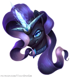 Size: 900x977 | Tagged: safe, artist:thatonegib, nightmare rarity, pony, unicorn, g4, bust, collar, female, flowing mane, glowing horn, horn, jewelry, looking at you, mare, necklace, patreon link, portrait, simple background, solo, transparent background