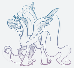 Size: 835x769 | Tagged: safe, artist:egophiliac, star catcher, pegasus, pony, g3, g4, description is relevant, female, g3 to g4, generation leap, gradient lineart, mare, pencil drawing, raised hoof, simple background, solo, spread wings, traditional art, unshorn fetlocks, white background, wings