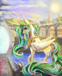Size: 1200x1466 | Tagged: safe, artist:viwrastupr, princess celestia, alicorn, pony, g4, day, female, juxtaposition bait, looking at you, looking back, magic, mare, portal, portal to equestria, smiling, solo, water