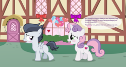 Size: 2476x1316 | Tagged: safe, artist:lunaticdawn, rumble, sweetie belle, pegasus, pony, unicorn, g4, the break up breakdown, blushing, colt, female, filly, male, ship:rumbelle, shipping, straight, text