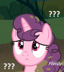 Size: 490x546 | Tagged: safe, edit, edited screencap, screencap, sugar belle, pony, unicorn, g4, the break up breakdown, :<, confused, confused nick young, cropped, cute, dirty, discovery family logo, female, looking up, mare, meme, question mark, reaction image, solo