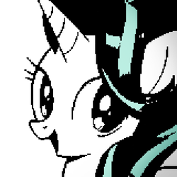 Size: 400x400 | Tagged: safe, artist:k-nattoh, artist:naijiwizard, starlight glimmer, pony, unicorn, g4, avatar, bust, cute, female, glimmerbetes, horn, looking at you, open mouth, partial color, pixel art, pixelated, simple background, smiling, solo, undertale, white background