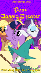 Size: 572x1007 | Tagged: artist needed, safe, edit, applejack, rarity, spike, twilight sparkle, alicorn, pony, series:pony tales, g4, animal costume, applelion, big crown thingy, clothes, costume, fairy tale, garbuncle, jewelry, muppet classic theater, parody, regalia, twilight sparkle (alicorn), vhs