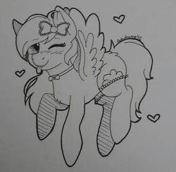 Size: 1346x1312 | Tagged: safe, artist:adostume, oc, oc only, pegasus, pony, blushing, bow, bowtie, clothes, hair bow, heart, one eye closed, raspberry, smiling, solo, stockings, thigh highs, tongue out, traditional art, wink