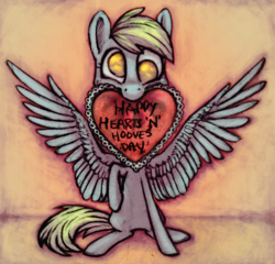 Size: 1632x1567 | Tagged: safe, artist:quintessentially-peculiar, derpy hooves, pegasus, pony, tumblr:ask little derpy, g4, card, female, heart, hearts and hooves day, mouth hold, solo